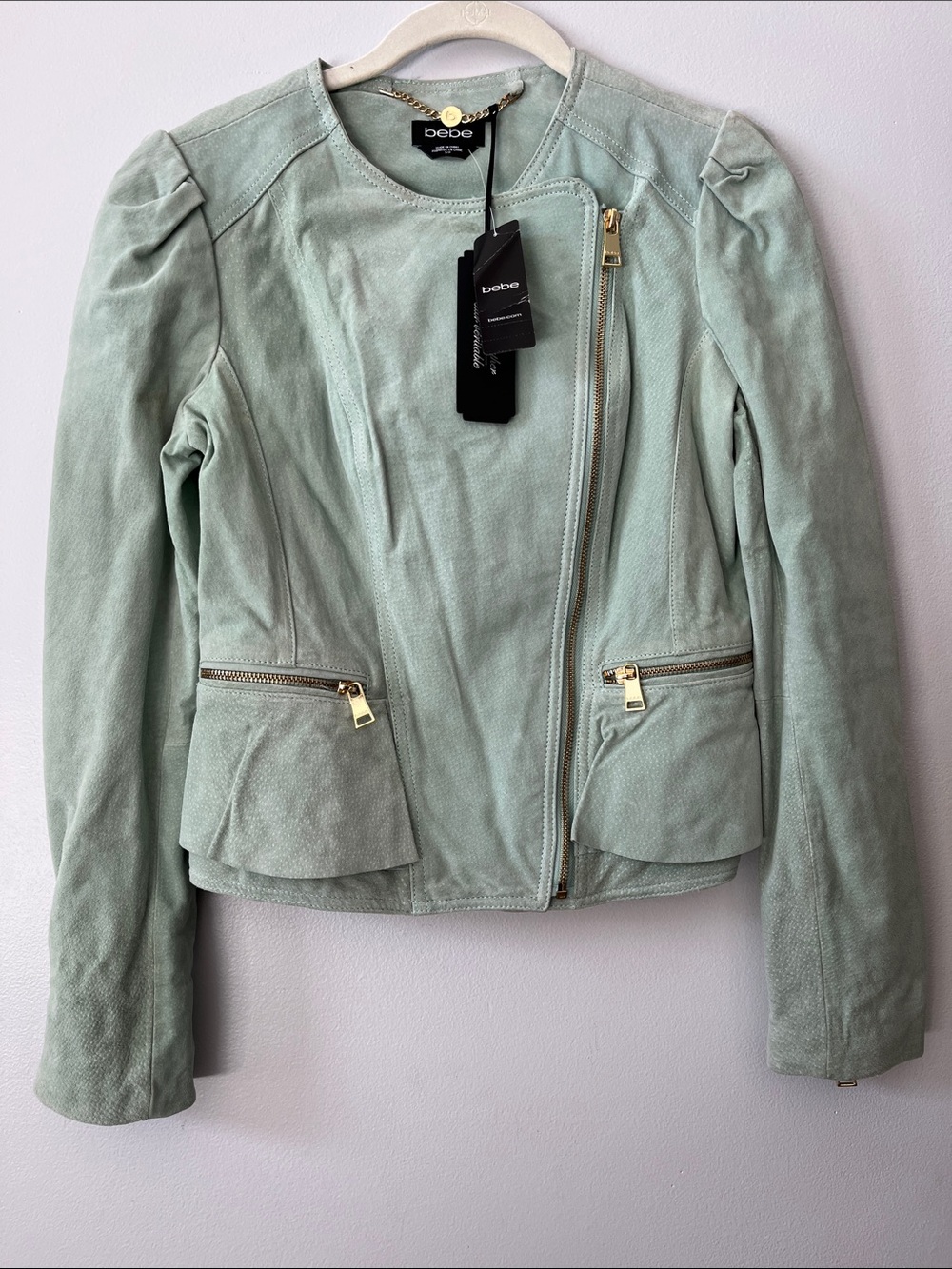 Bebe genuine leather mint sage green gold zippers ruffles feminine jacket